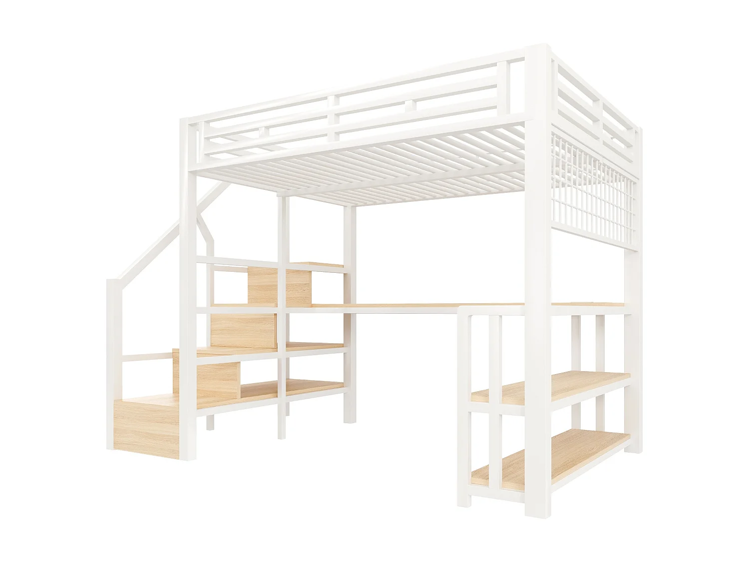 Lit mezzanine 140 x 200 cm avec étagère, LED et bureau , 2 ports USB - Métal +bois - Blanc