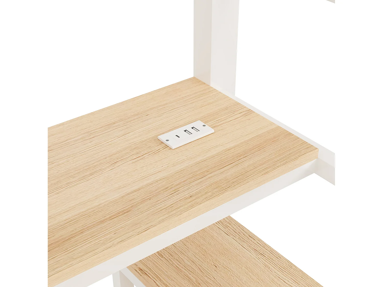 Lit mezzanine 140 x 200 cm avec étagère, LED et bureau , 2 ports USB - Métal +bois - Blanc