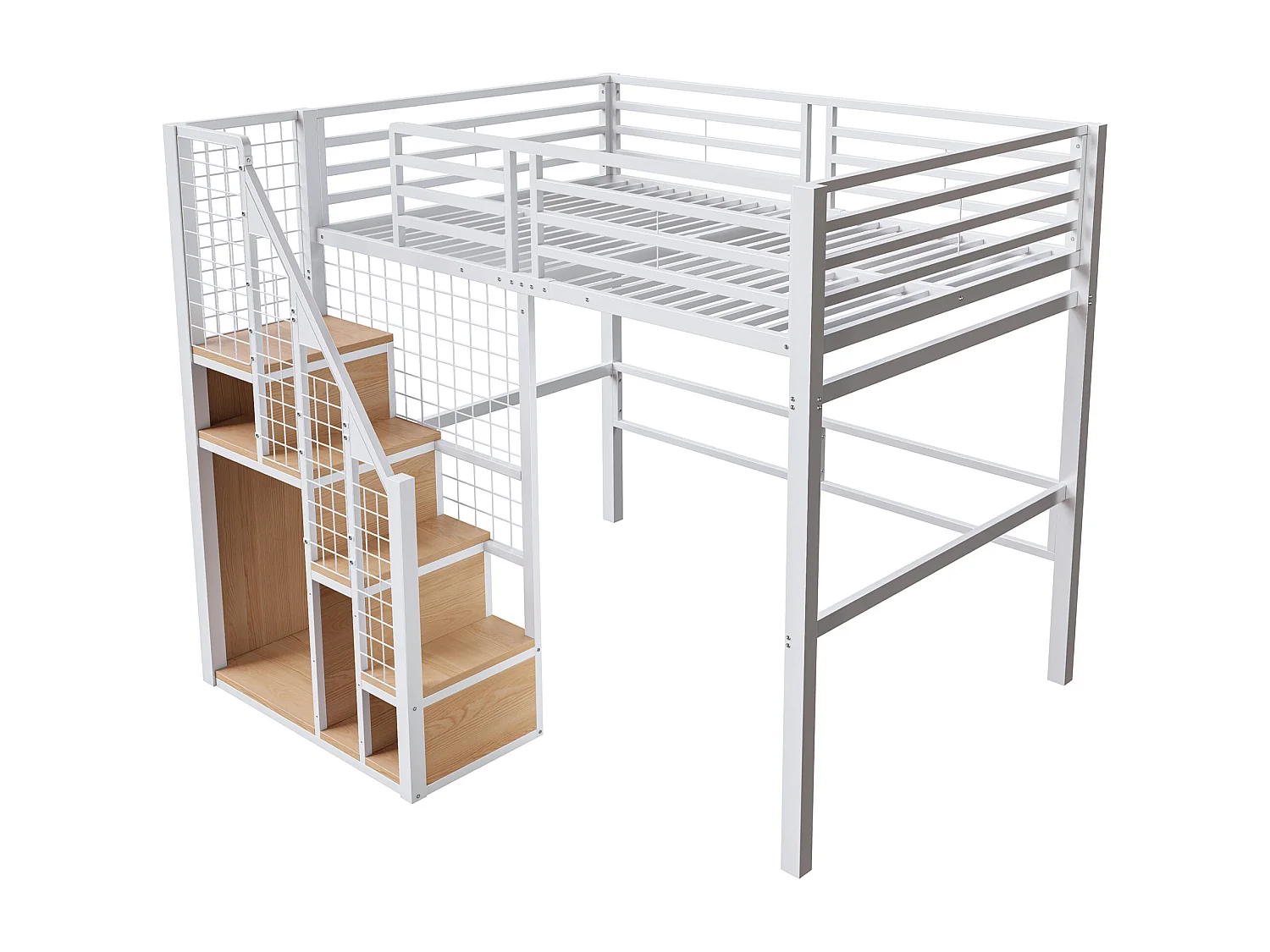 Lit mezzanine 140x200 cm en métal blanc avec rangements et étagère