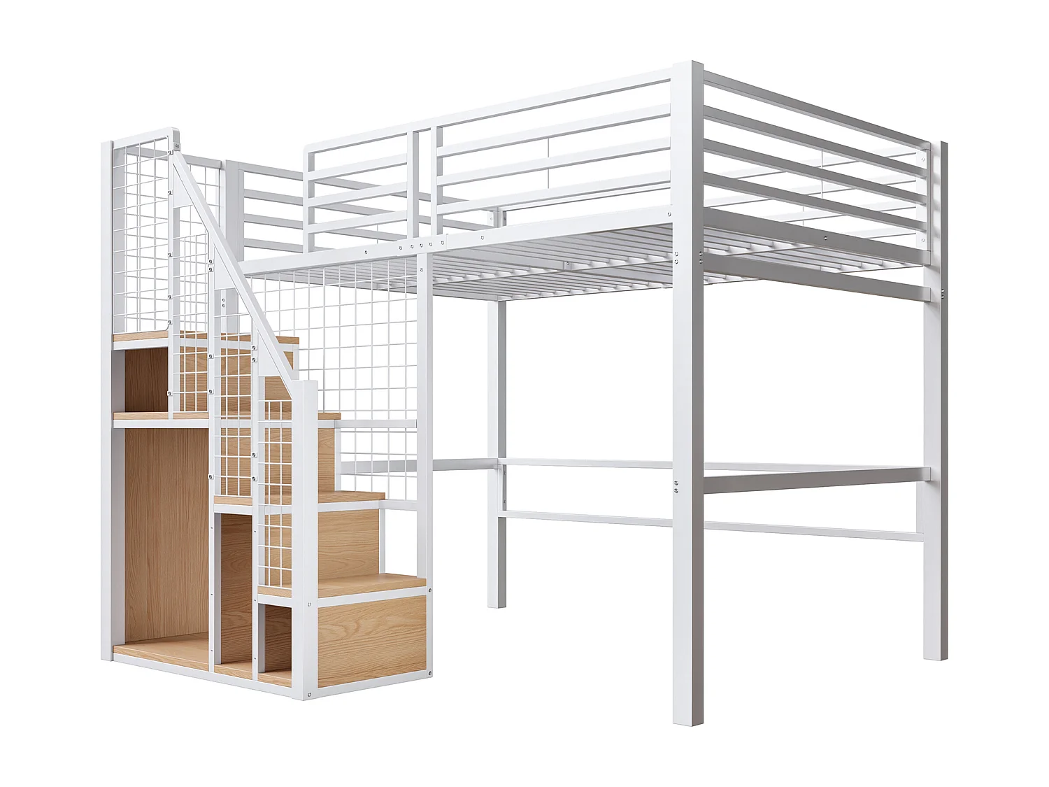 Lit mezzanine 140x200 cm en métal blanc avec rangements et étagère