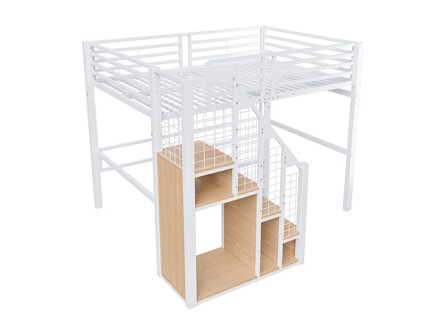 Lit mezzanine 140x200 cm en métal blanc avec rangements et étagère