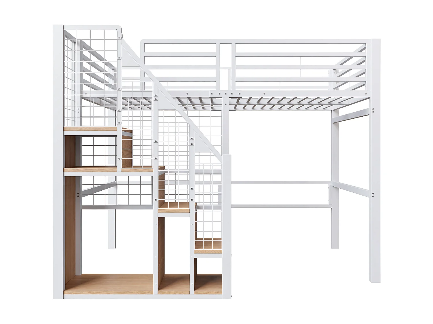 Lit mezzanine 140x200 cm en métal blanc avec rangements et étagère