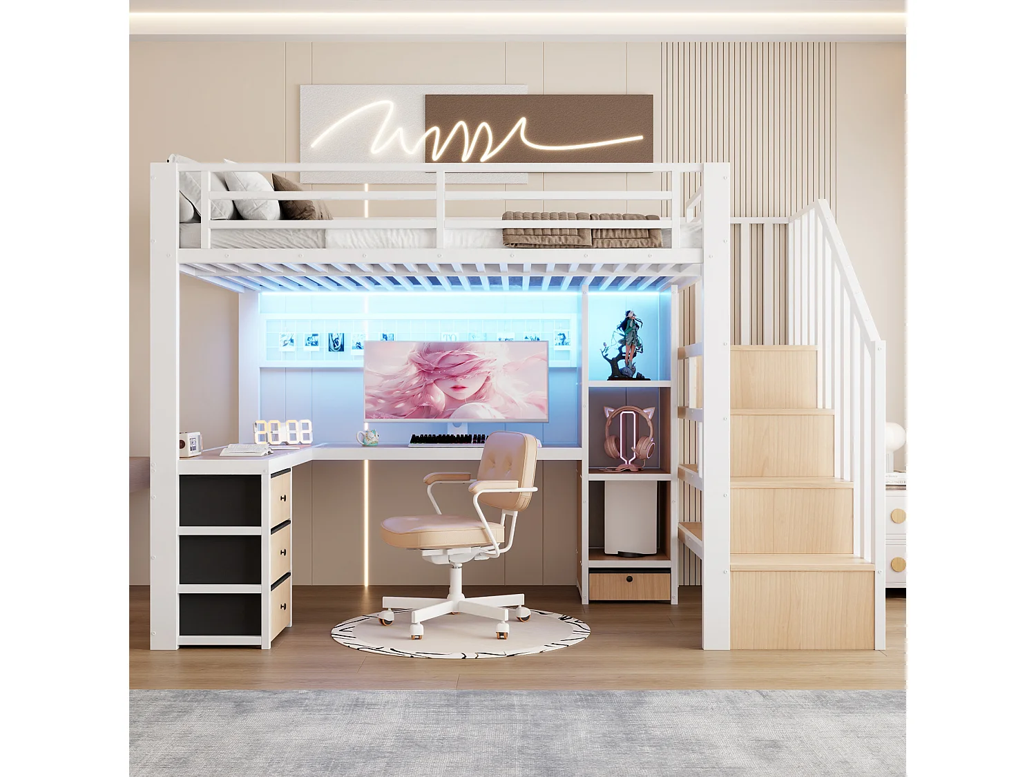 Lit mezzanine 90 x 200 cm avec 4 tiroirs , bureau et LED - Métal blanc