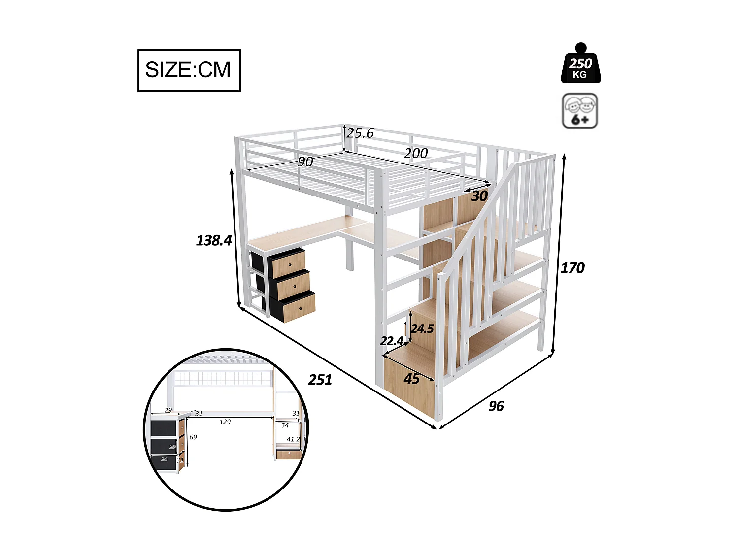 Lit mezzanine 90 x 200 cm avec 4 tiroirs , bureau et LED - Métal blanc