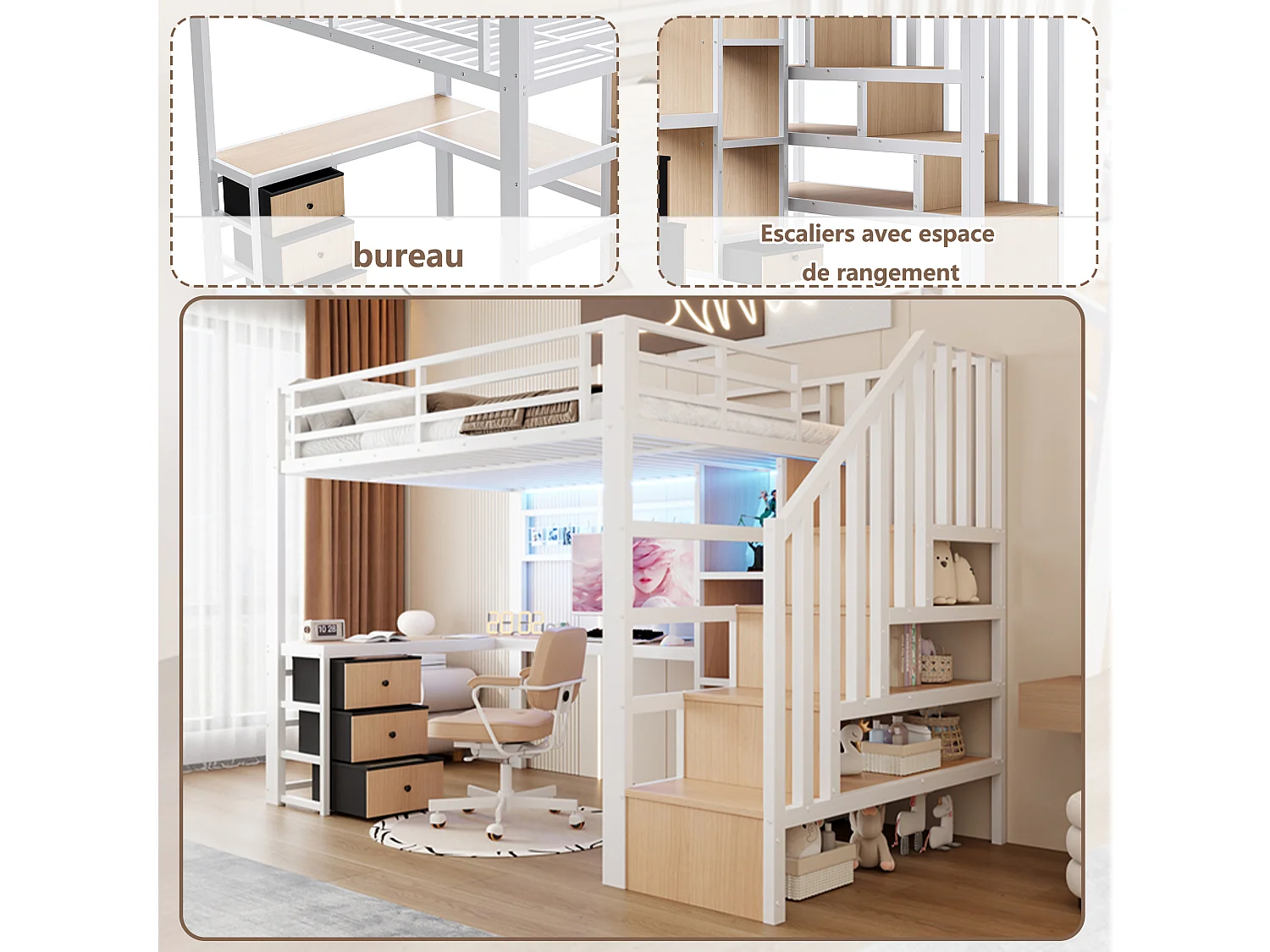 Lit mezzanine 90 x 200 cm avec 4 tiroirs , bureau et LED - Métal blanc