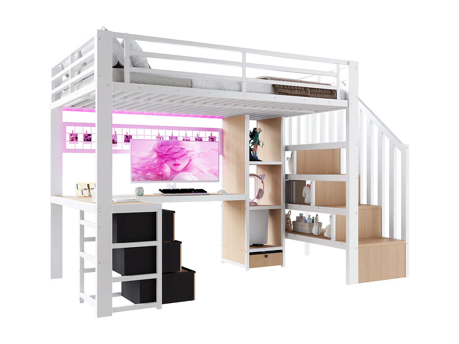 Lit mezzanine 90 x 200 cm avec 4 tiroirs , bureau et LED - Métal blanc