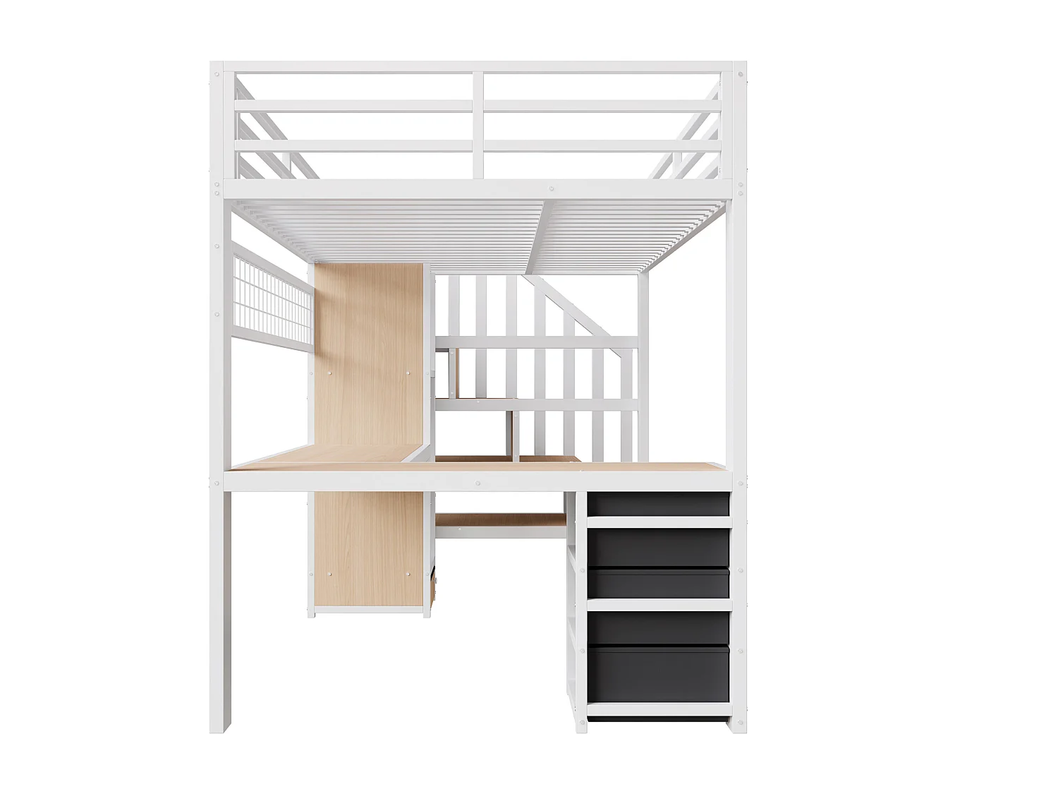 Lit mezzanine 90 x 200 cm avec 4 tiroirs , bureau et LED - Métal blanc