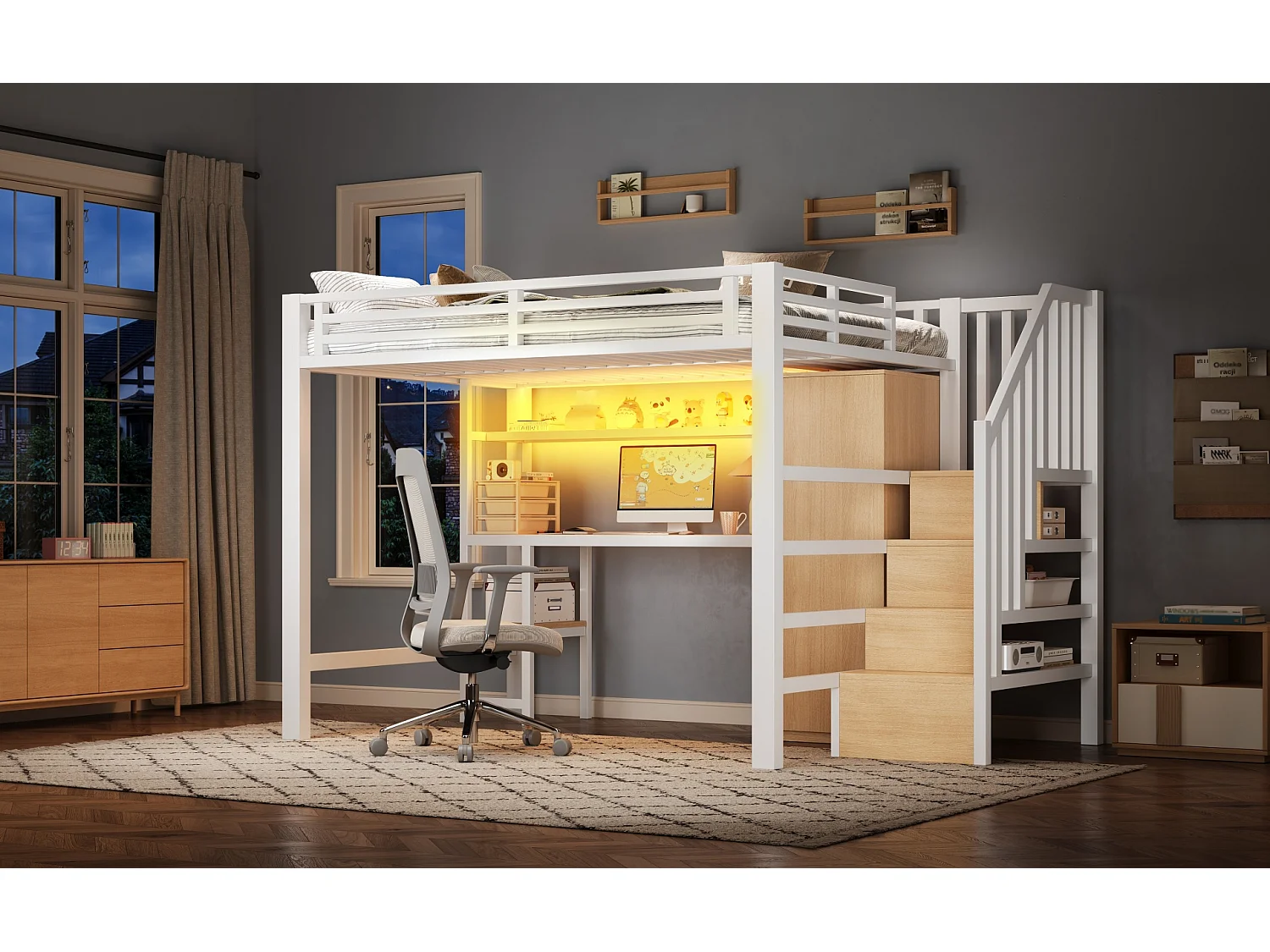 Lit mezzanine en métal 140x200 avec LED, bureau, étagère et armoire - Blanc (sans matelas)