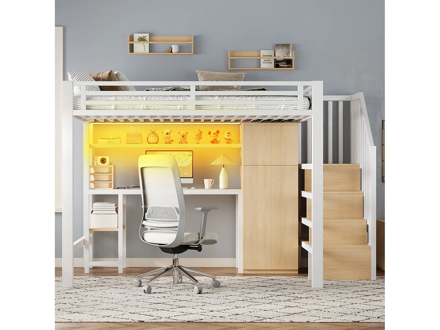 Lit mezzanine en métal 140x200 avec LED, bureau, étagère et armoire - Blanc (sans matelas)