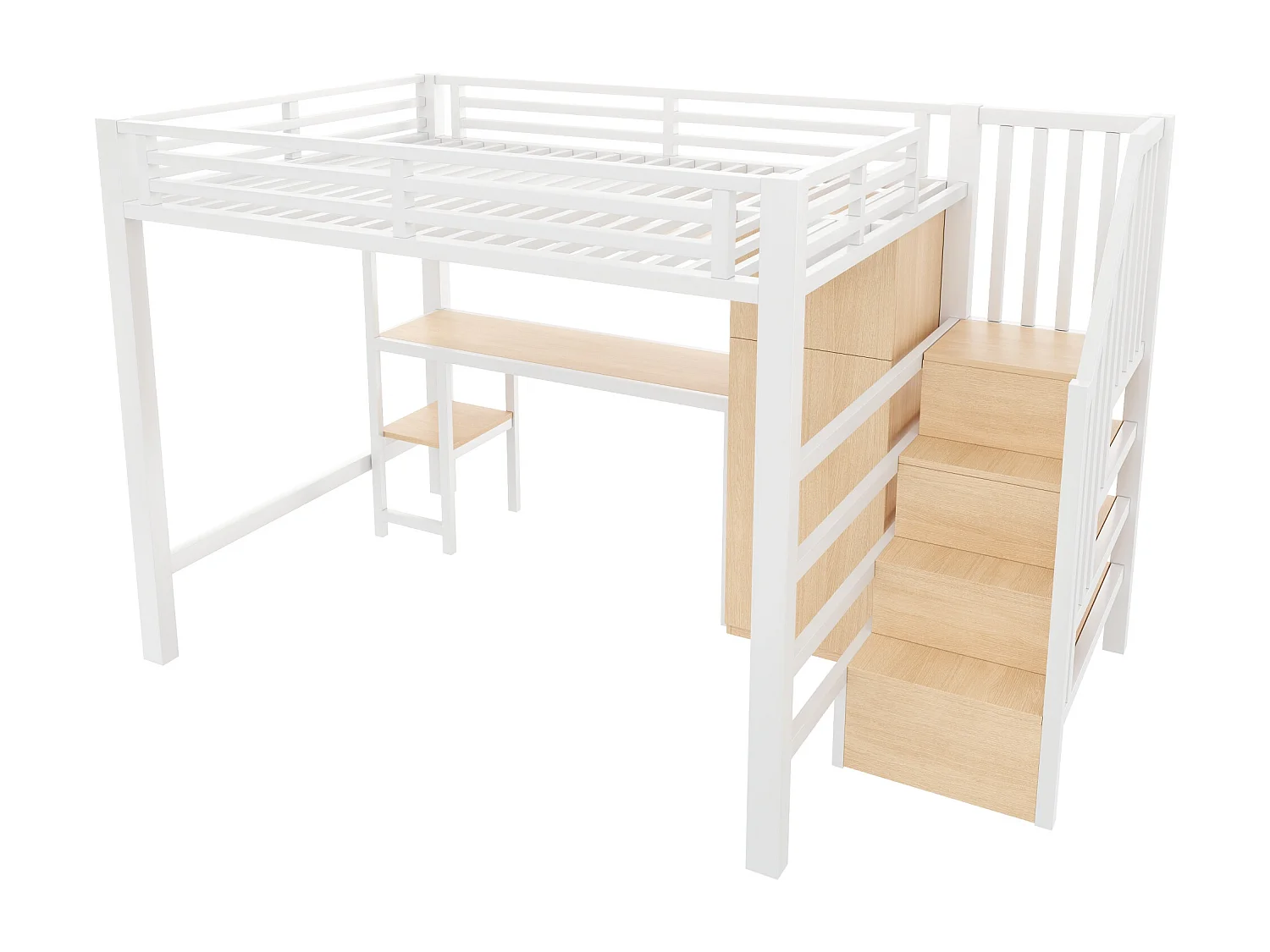 Lit mezzanine en métal 140x200 avec LED, bureau, étagère et armoire - Blanc (sans matelas)