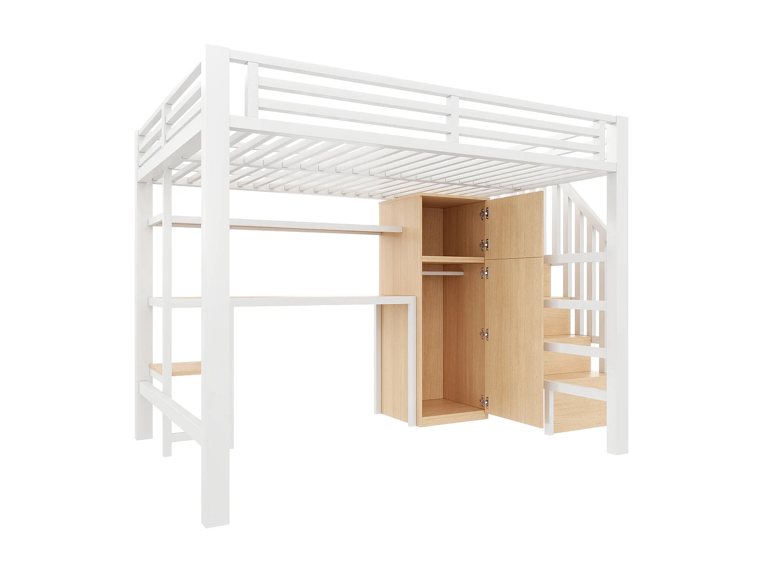 Lit mezzanine en métal 140x200 avec LED, bureau, étagère et armoire - Blanc (sans matelas)