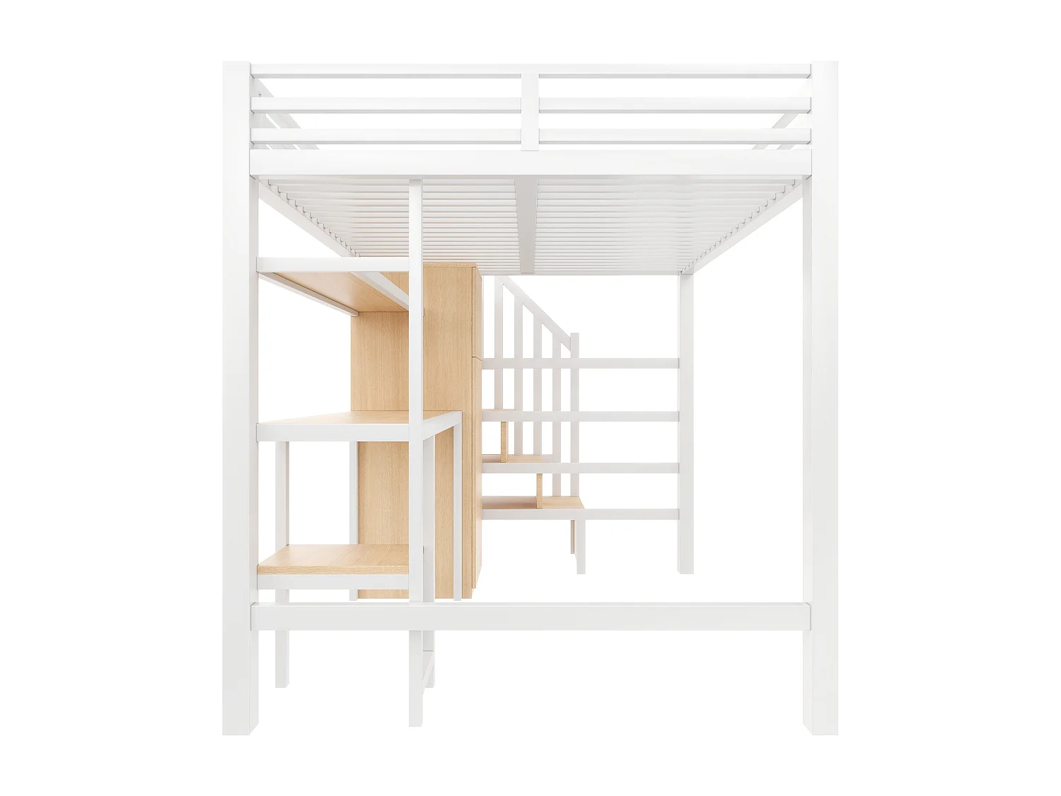 Lit mezzanine en métal 140x200 avec LED, bureau, étagère et armoire - Blanc (sans matelas)