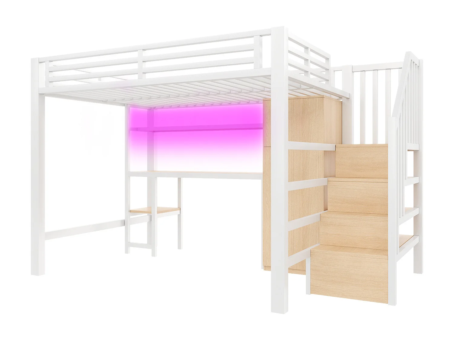 Lit mezzanine en métal 140x200 avec LED, bureau, étagère et armoire - Blanc (sans matelas)