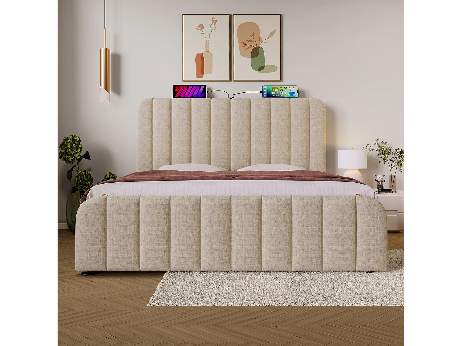 Letto matrimoniale contenitore 160x200 cm con ricarica USB Type-C, lenzuola beige, materasso non incluso.