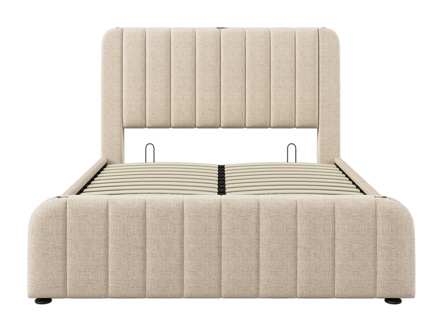Letto matrimoniale contenitore 160x200 cm con ricarica USB Type-C, lenzuola beige, materasso non incluso.