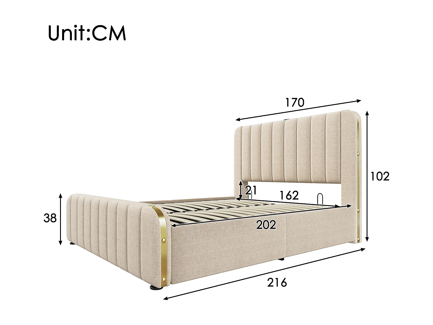 Letto matrimoniale contenitore 160x200 cm con ricarica USB Type-C, lenzuola beige, materasso non incluso.