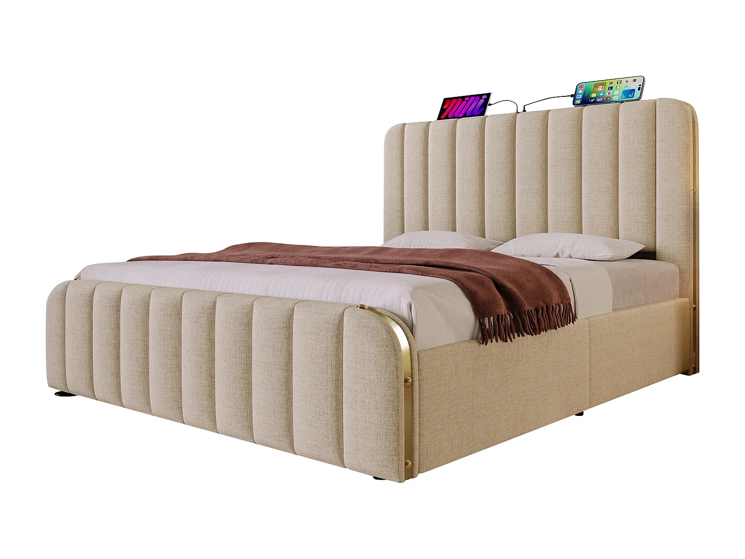 Letto matrimoniale contenitore 160x200 cm con ricarica USB Type-C, lenzuola beige, materasso non incluso.
