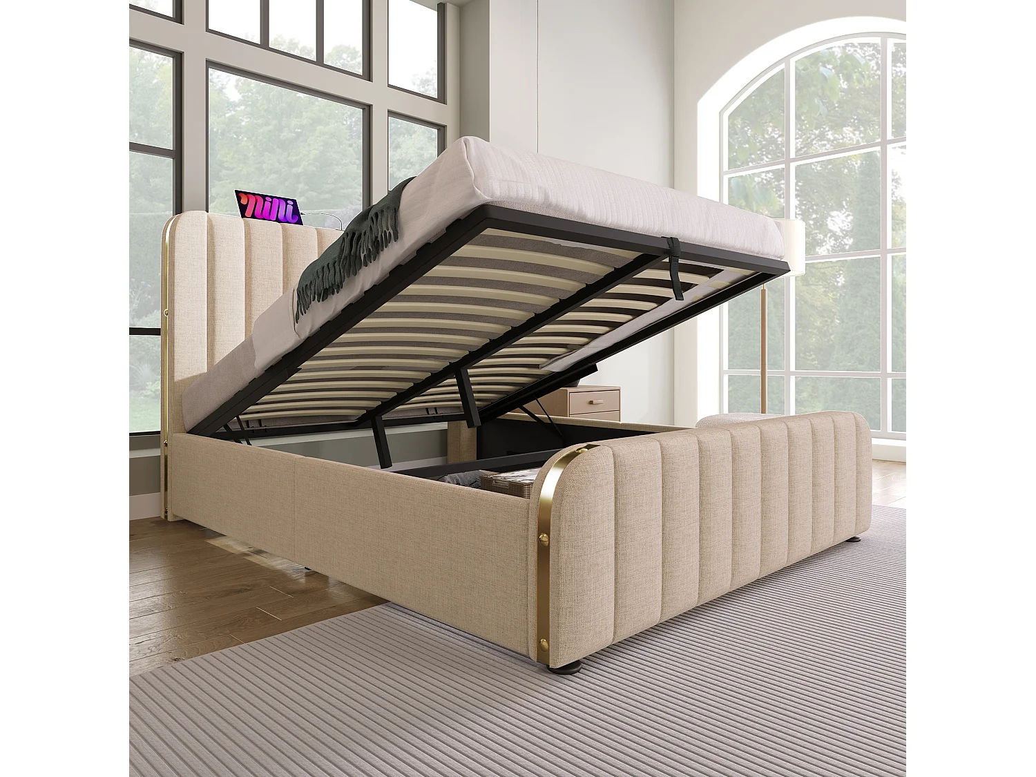 Letto matrimoniale contenitore 160x200 cm con ricarica USB Type-C, lenzuola beige, materasso non incluso.