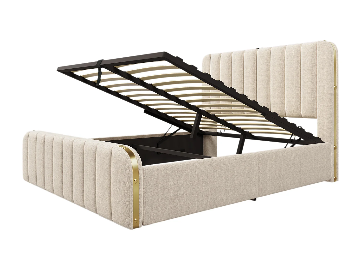 Letto matrimoniale contenitore 160x200 cm con ricarica USB Type-C, lenzuola beige, materasso non incluso.