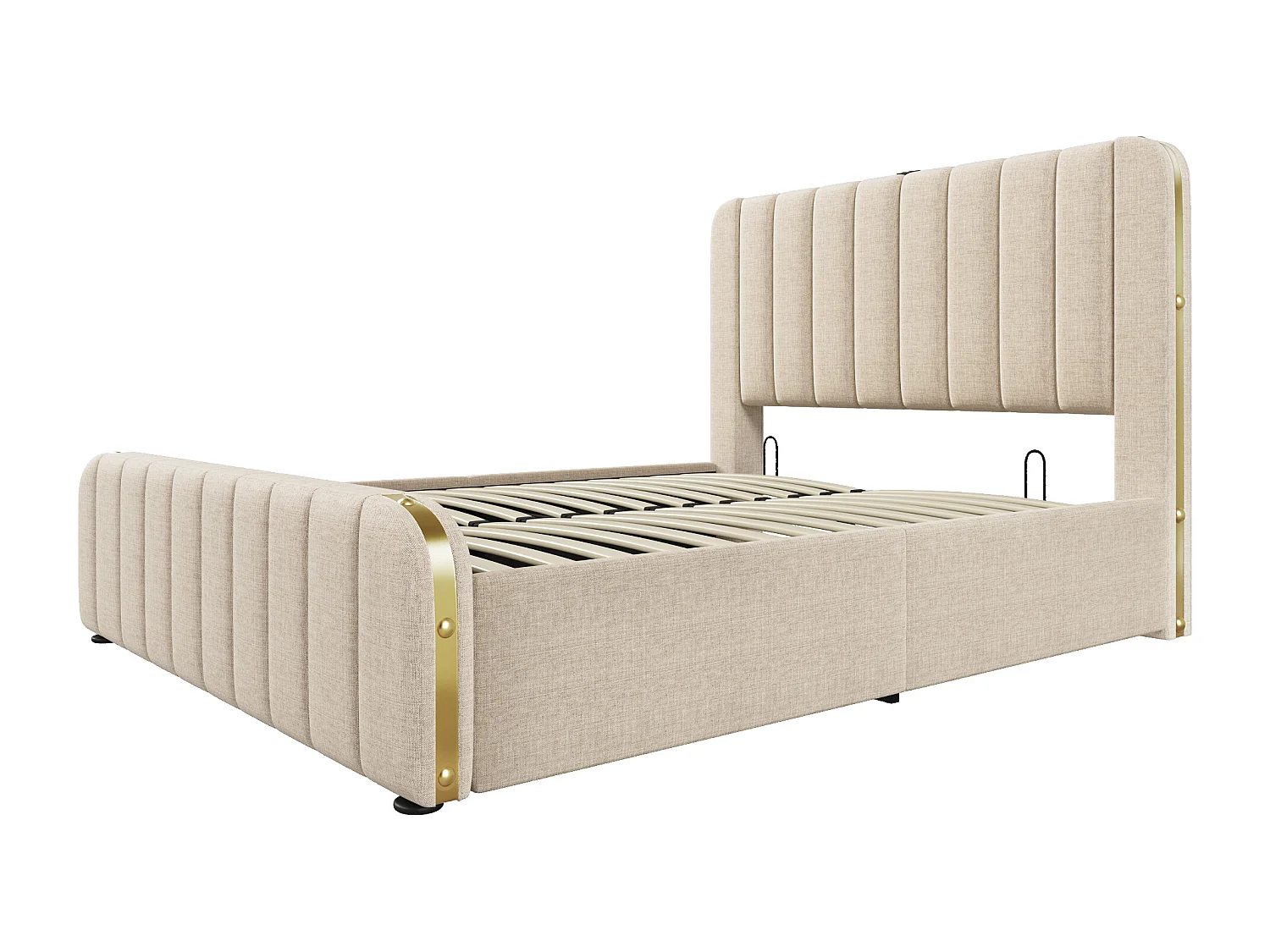 Letto matrimoniale contenitore 160x200 cm con ricarica USB Type-C, lenzuola beige, materasso non incluso.