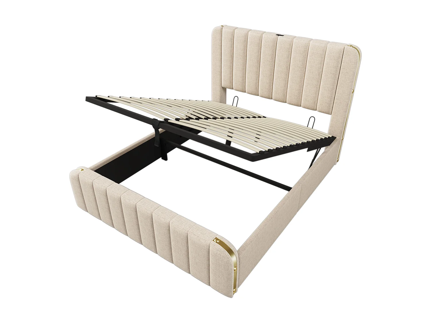 Letto matrimoniale contenitore 160x200 cm con ricarica USB Type-C, lenzuola beige, materasso non incluso.