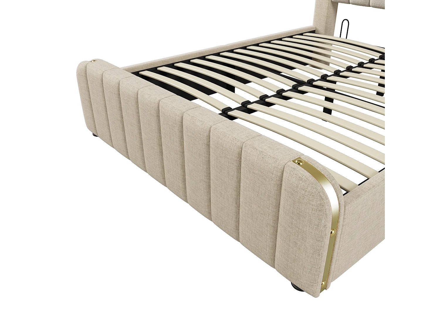 Letto matrimoniale contenitore 160x200 cm con ricarica USB Type-C, lenzuola beige, materasso non incluso.