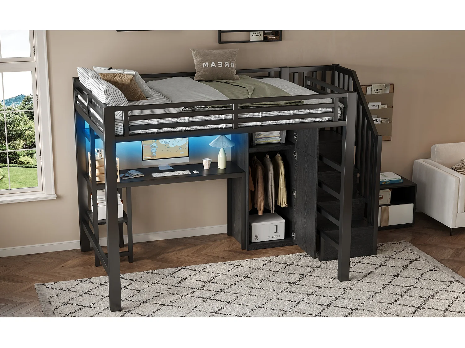 Lit mezzanine en métal 140x200 avec LED, bureau, étagère et armoire - Noir (sans matelas)