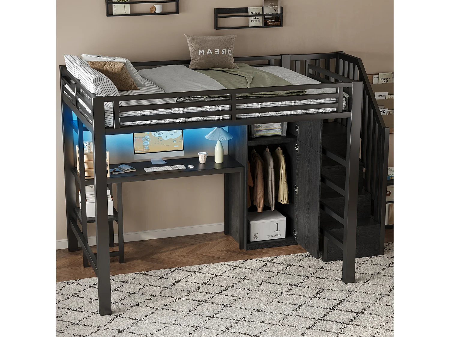 Lit mezzanine en métal 140x200 avec LED, bureau, étagère et armoire - Noir (sans matelas)