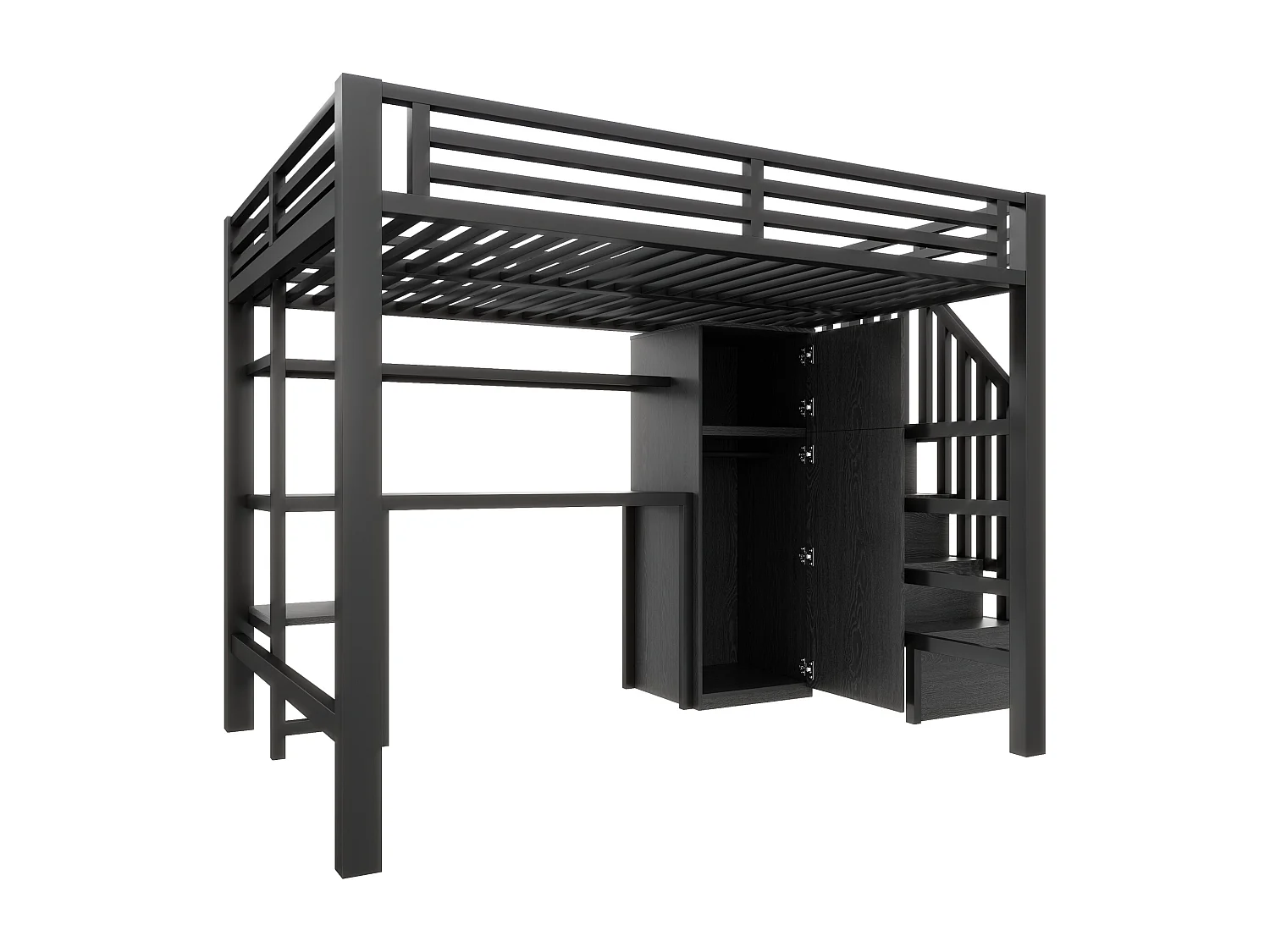 Lit mezzanine en métal 140x200 avec LED, bureau, étagère et armoire - Noir (sans matelas)