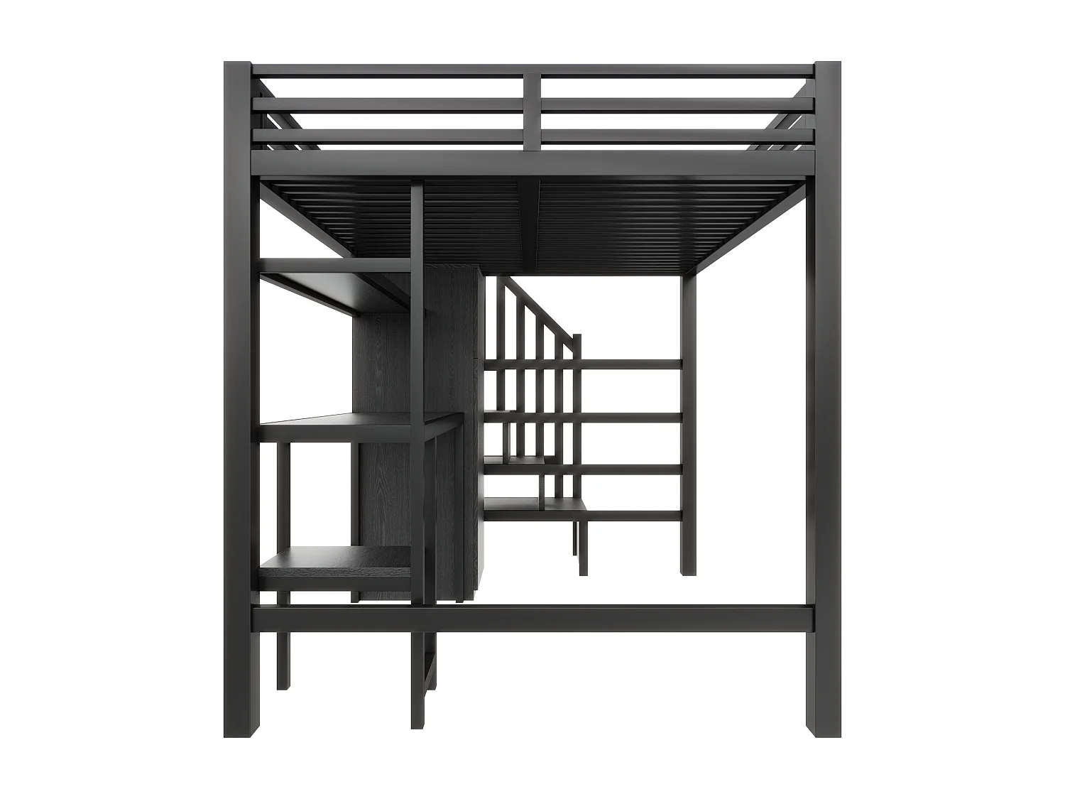 Lit mezzanine en métal 140x200 avec LED, bureau, étagère et armoire - Noir (sans matelas)