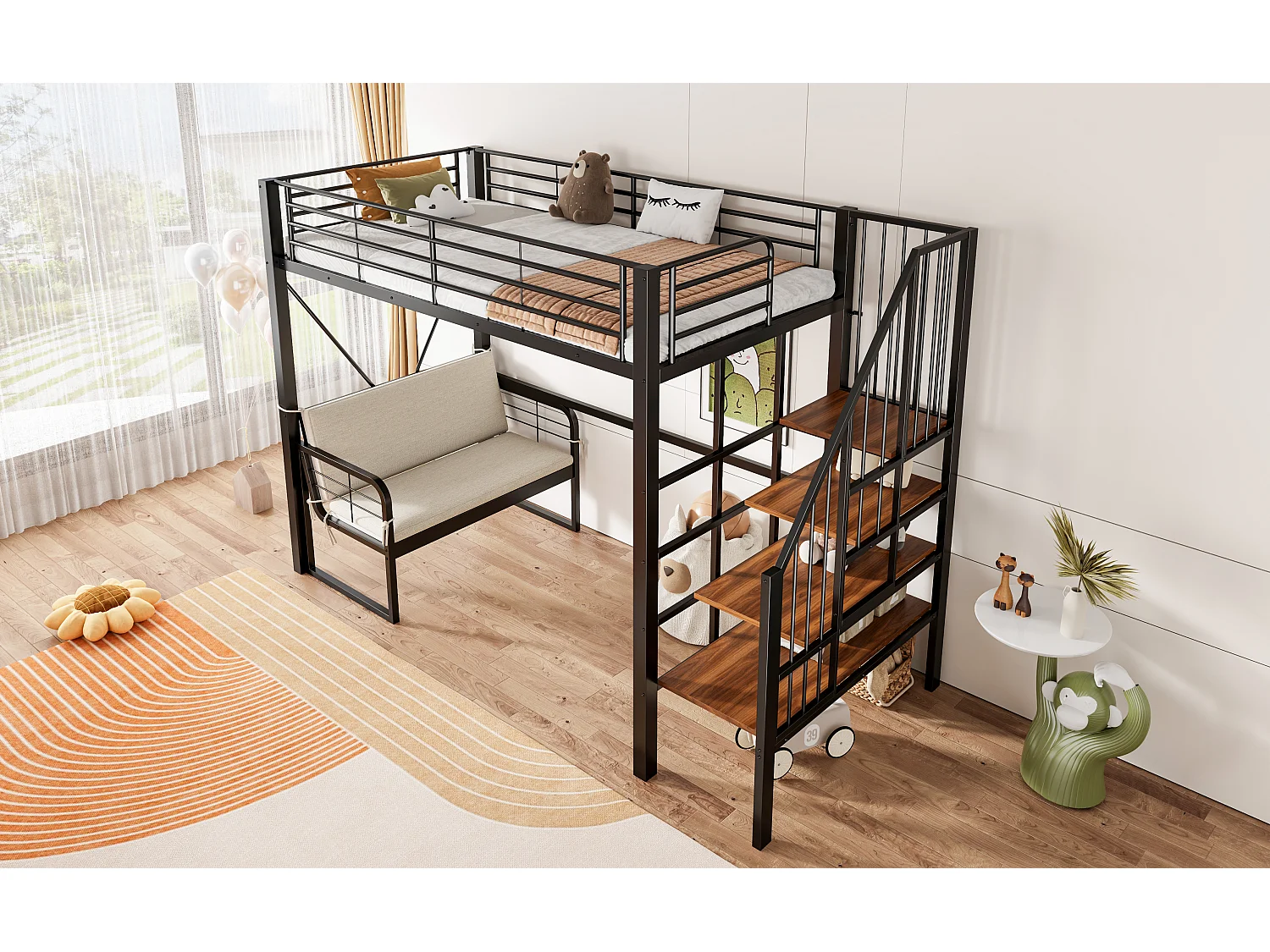 Letto a soppalco per bambini in metallo, 90x200 cm, con divano e contenitore - Nero