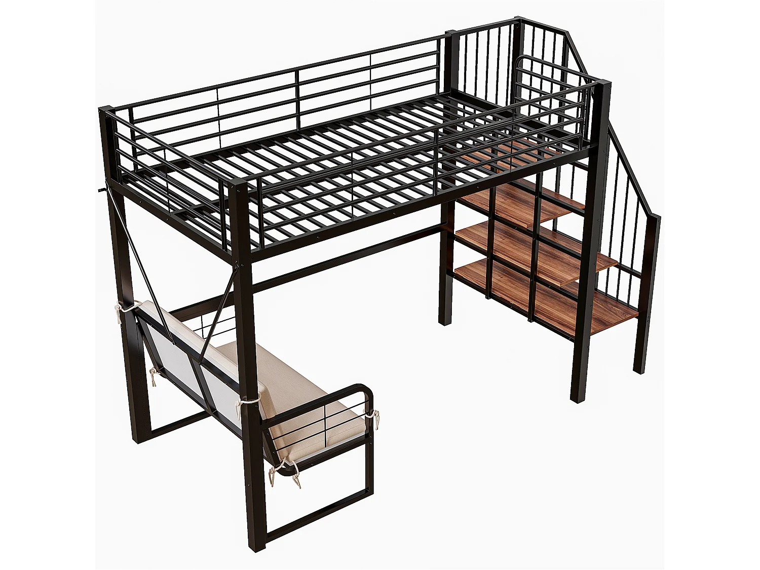 Letto a soppalco per bambini in metallo, 90x200 cm, con divano e contenitore - Nero