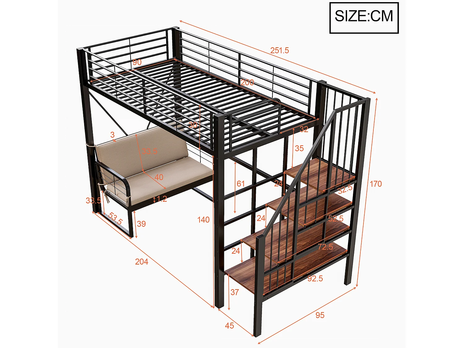 Letto a soppalco per bambini in metallo, 90x200 cm, con divano e contenitore - Nero