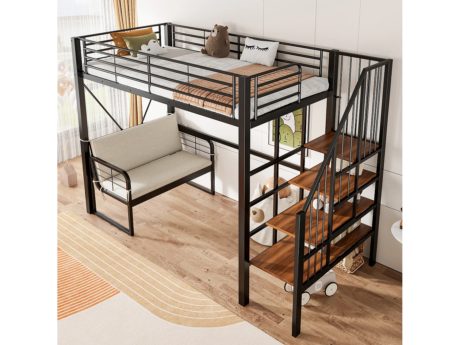 Letto a soppalco per bambini in metallo, 90x200 cm, con divano e contenitore - Nero