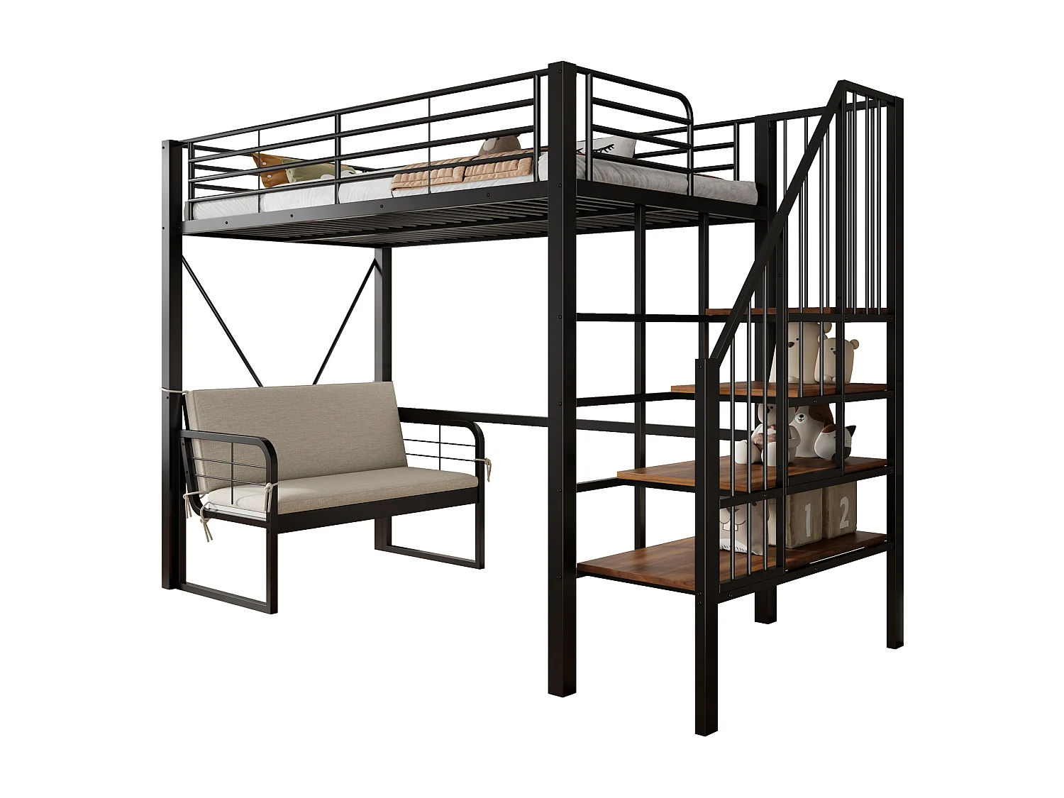 Letto a soppalco per bambini in metallo, 90x200 cm, con divano e contenitore - Nero