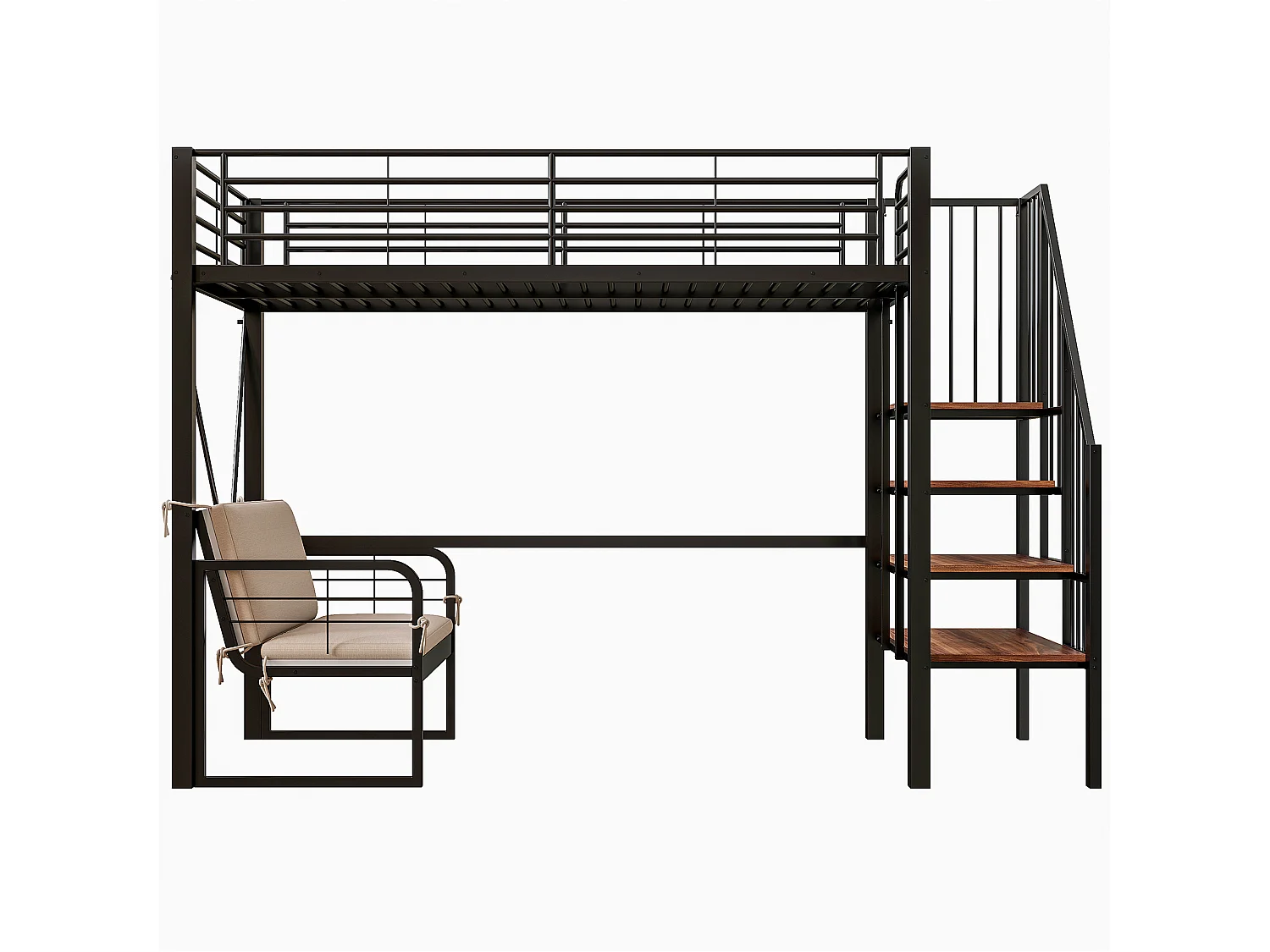 Letto a soppalco per bambini in metallo, 90x200 cm, con divano e contenitore - Nero