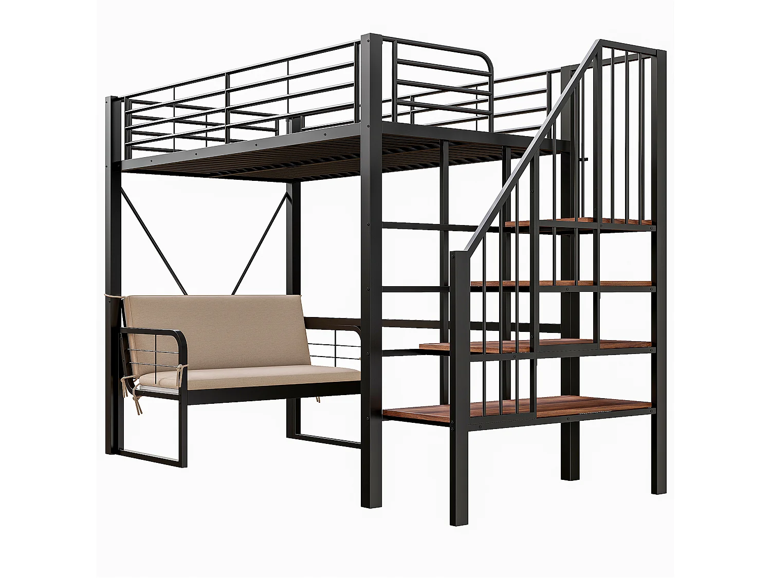 Letto a soppalco per bambini in metallo, 90x200 cm, con divano e contenitore - Nero