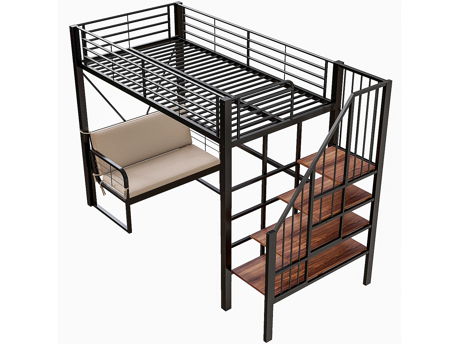 Letto a soppalco per bambini in metallo, 90x200 cm, con divano e contenitore - Nero