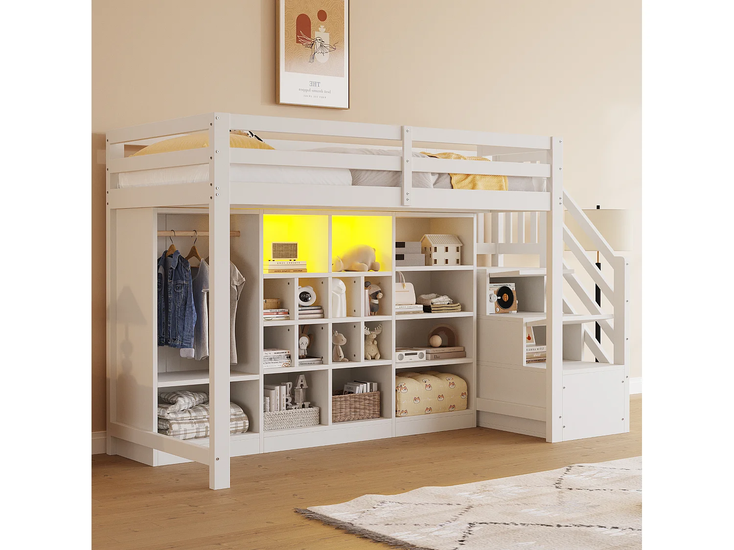 Lit mezzanine 90 x 200 cm avec plusieurs compartiments et penderie , LED - Blanc