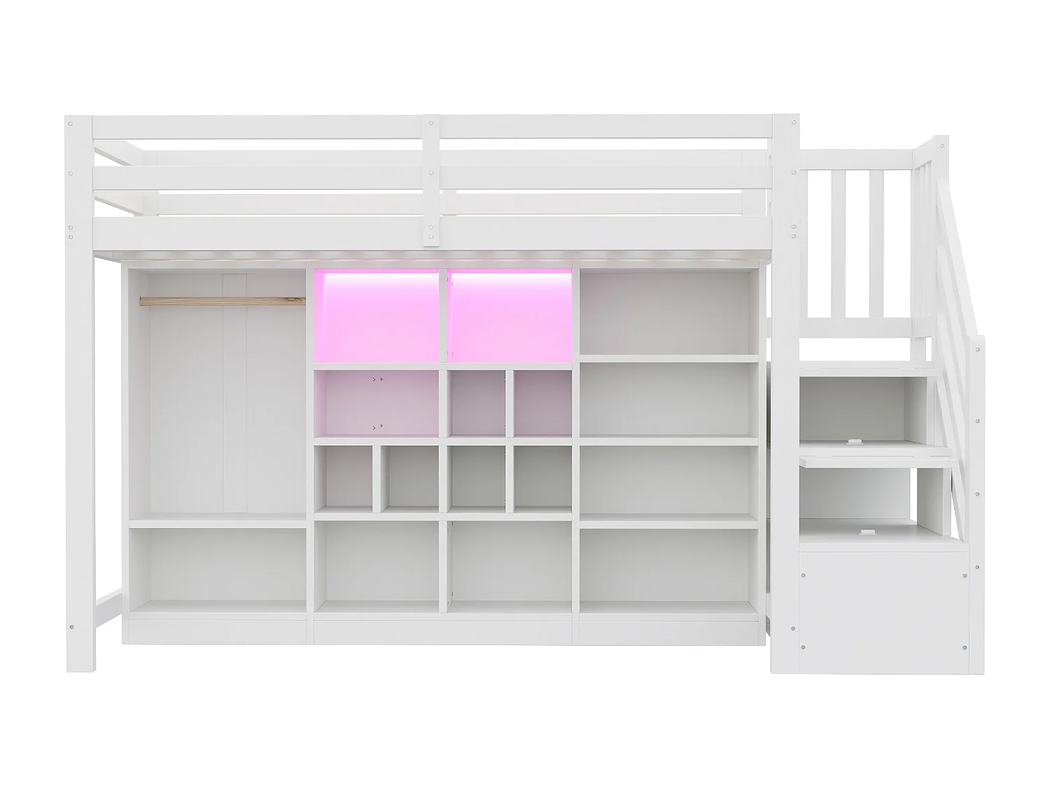 Lit mezzanine 90 x 200 cm avec plusieurs compartiments et penderie , LED - Blanc