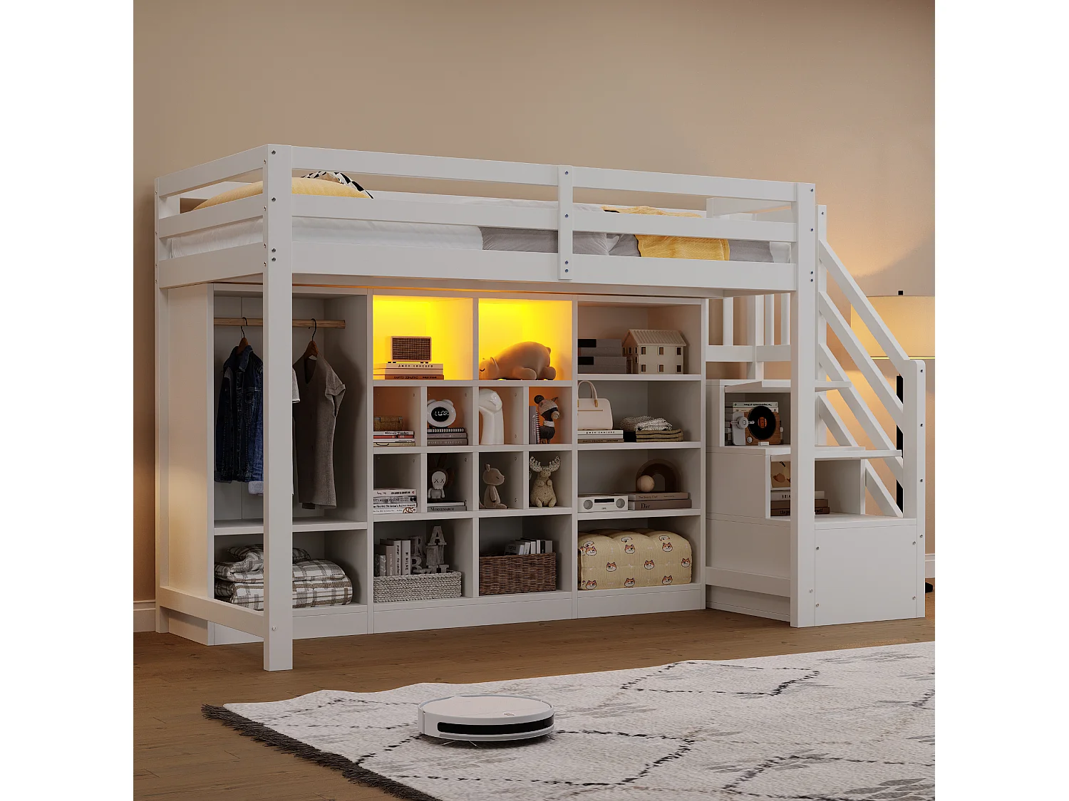 Lit mezzanine 90 x 200 cm avec plusieurs compartiments et penderie , LED - Blanc