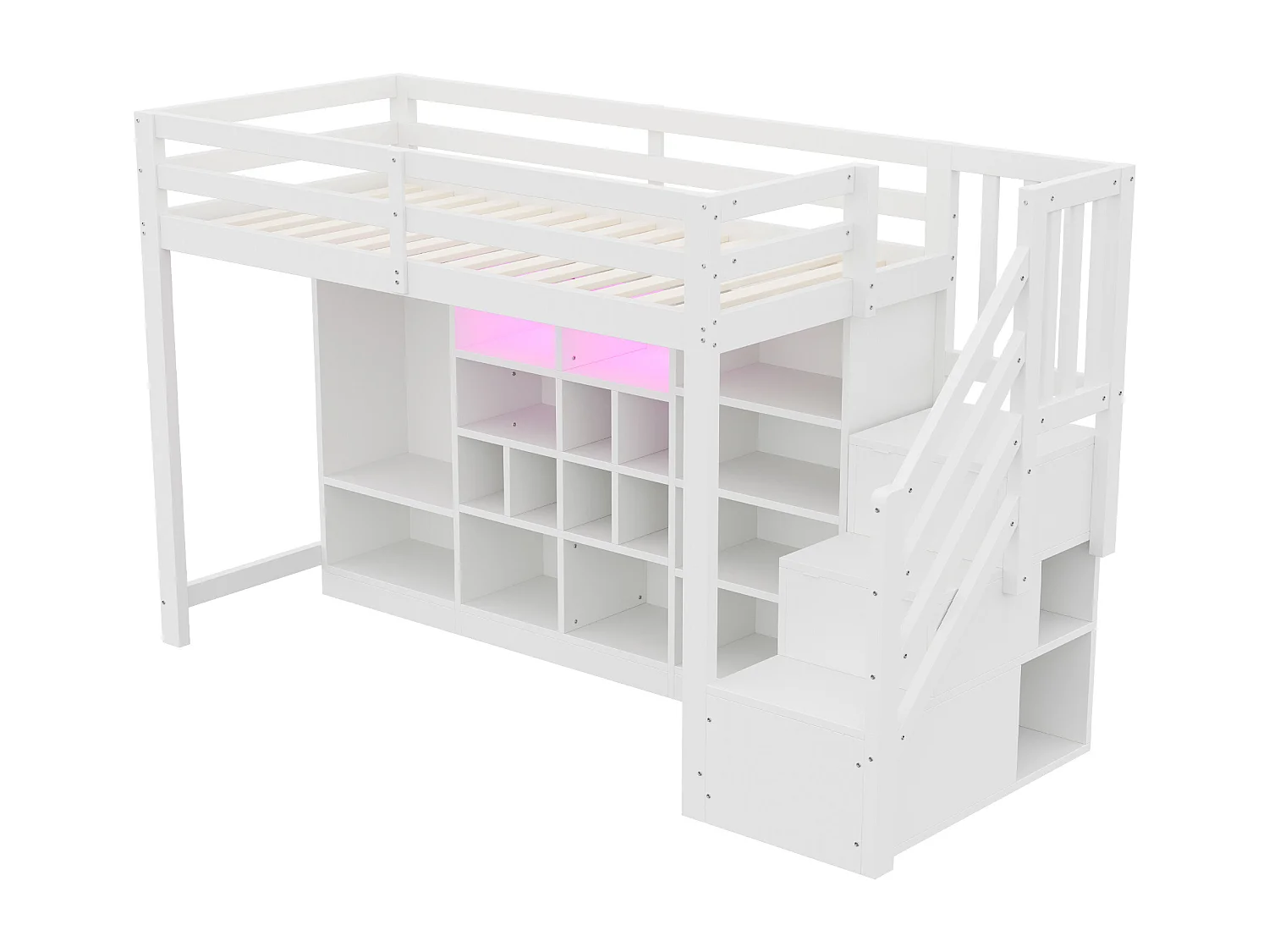 Lit mezzanine 90 x 200 cm avec plusieurs compartiments et penderie , LED - Blanc