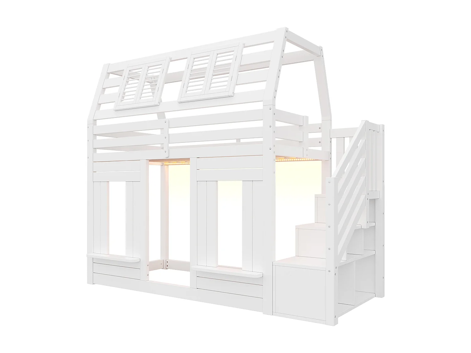 90x200cm hoogslaper met ledverlichting en opbergtrap - Kajuitbed met raamdesign, wit