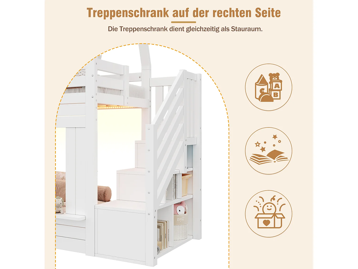 90x200cm hoogslaper met ledverlichting en opbergtrap - Kajuitbed met raamdesign, wit