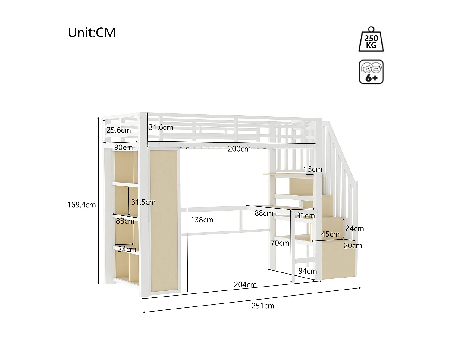 Lit mezzanine 90 x 200 cm avec bureau, compartiment de rangement et LED - Métal et bois - Blanc