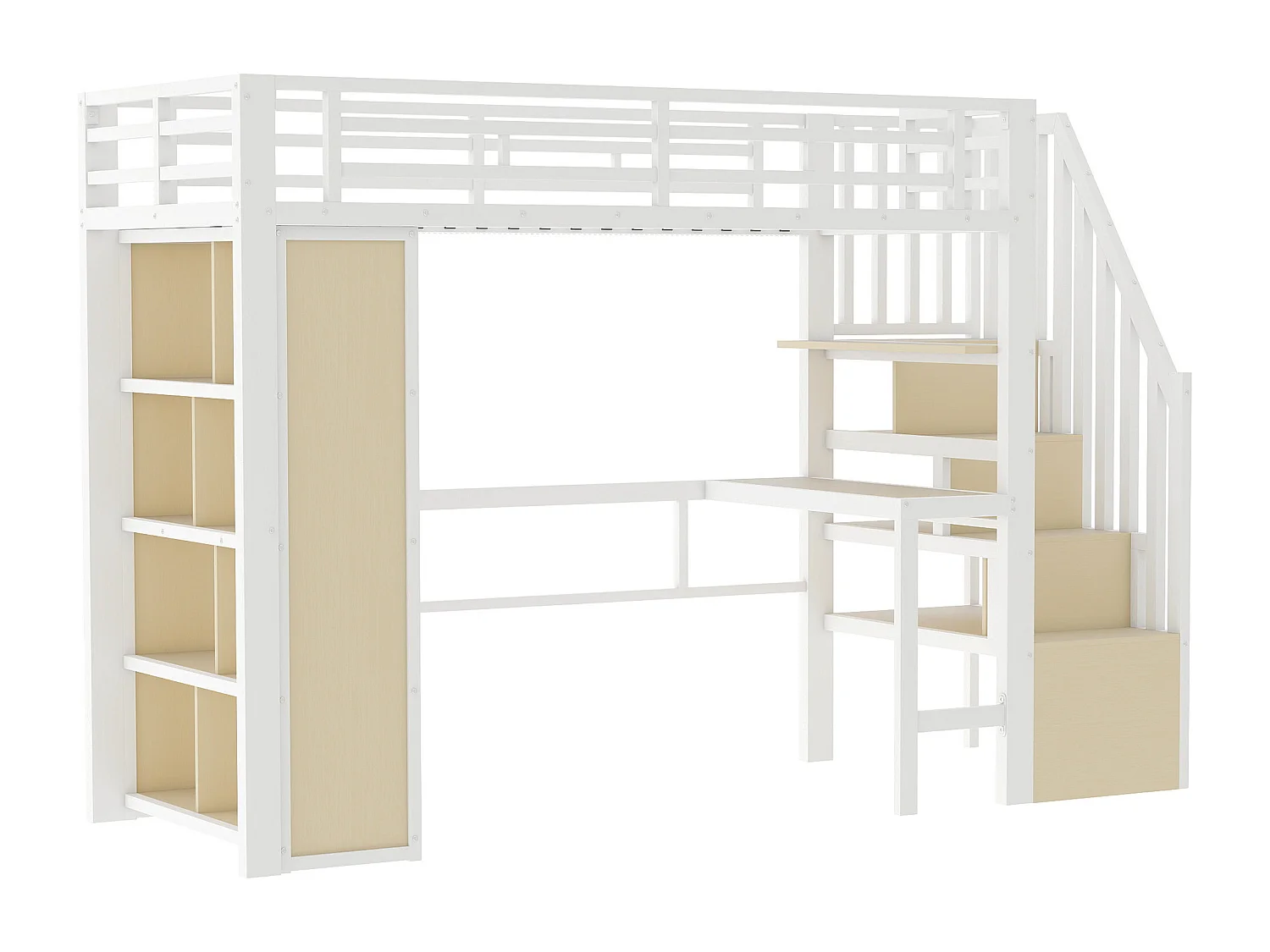Lit mezzanine 90 x 200 cm avec bureau, compartiment de rangement et LED - Métal et bois - Blanc