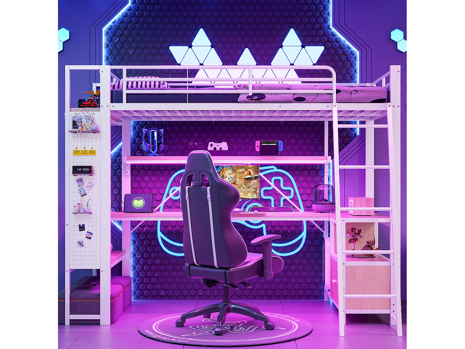 Lit mezzanine enfant 90x200 cm métal blanc avec bureau, étagères , LED et USB