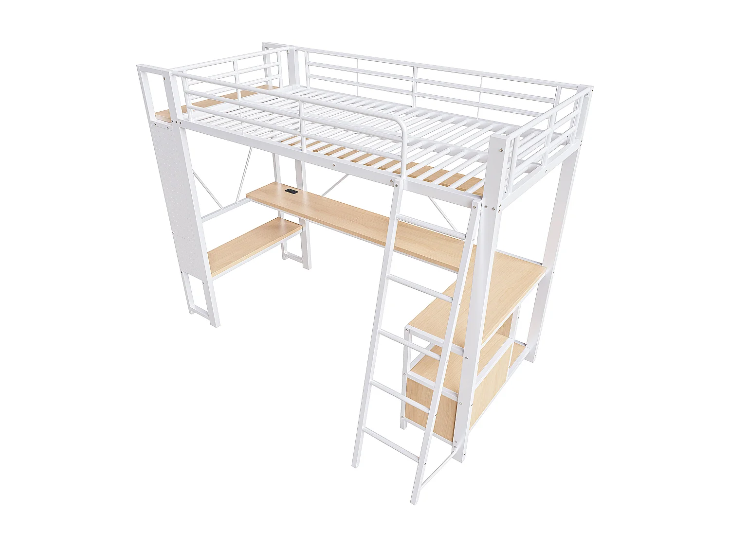 Lit mezzanine enfant 90x200 cm métal blanc avec bureau, étagères , LED et USB