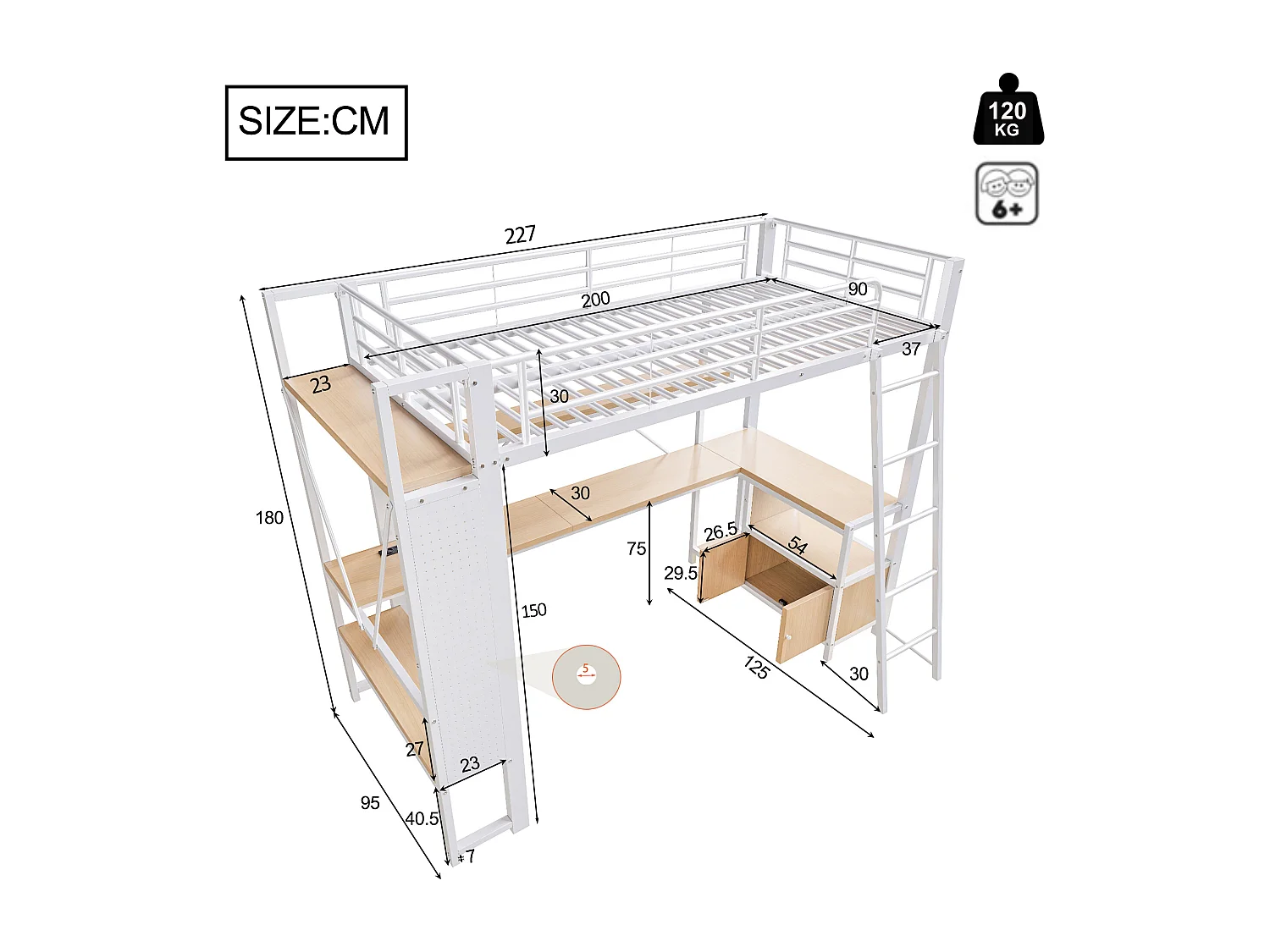 Lit mezzanine enfant 90x200 cm métal blanc avec bureau, étagères , LED et USB