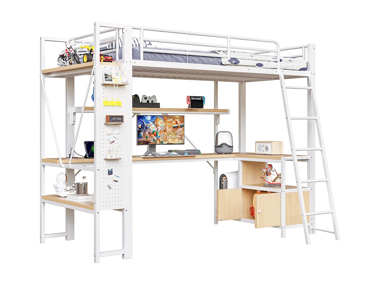 Lit mezzanine enfant 90x200 cm métal blanc avec bureau, étagères , LED et USB